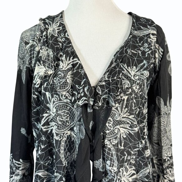 CITRON SANTA MONICA  Ruffled Silk Cardigan Womens‎ Size L Black Flowy Elegant - Picture 2 of 10